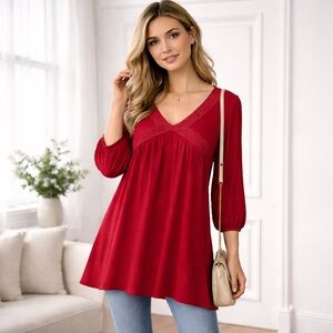 Suzanne Betro Red Empire Waist Long Sleeve Tunic, Size M